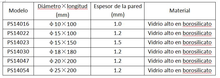 Parámetros de los tubos de ensayo de vidrio ordinarios para cultivo o química